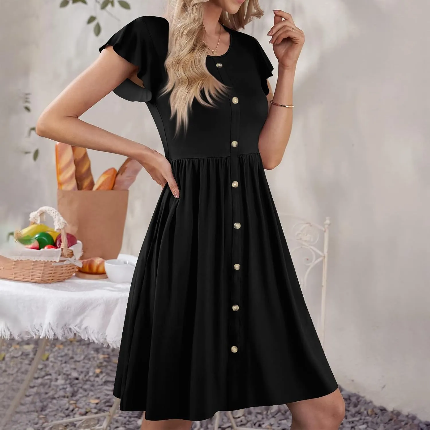 Summer Dresses for Women 2024 Round Neck Fly Sleeve Casual Loose Swing Button Beach Midi Dresseswith Pocket