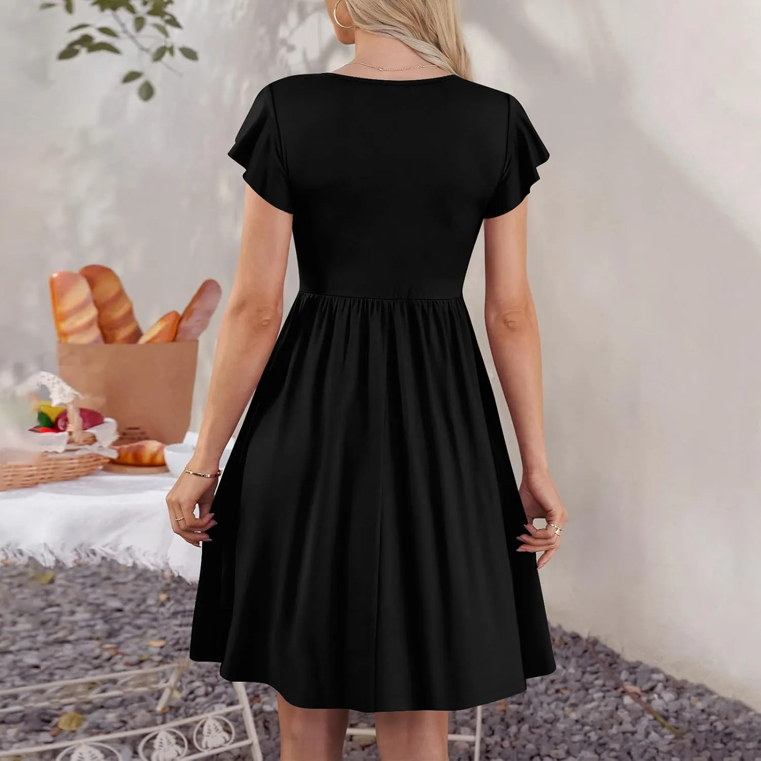Summer Dresses for Women 2024 Round Neck Fly Sleeve Casual Loose Swing Button Beach Midi Dresseswith Pocket