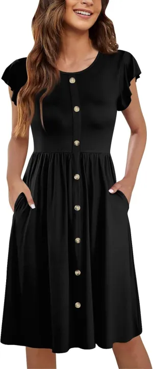 Summer Dresses for Women 2024 Round Neck Fly Sleeve Casual Loose Swing Button Beach Midi Dresseswith Pocket