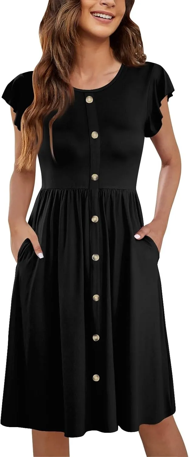 Summer Dresses for Women 2024 Round Neck Fly Sleeve Casual Loose Swing Button Beach Midi Dresseswith Pocket