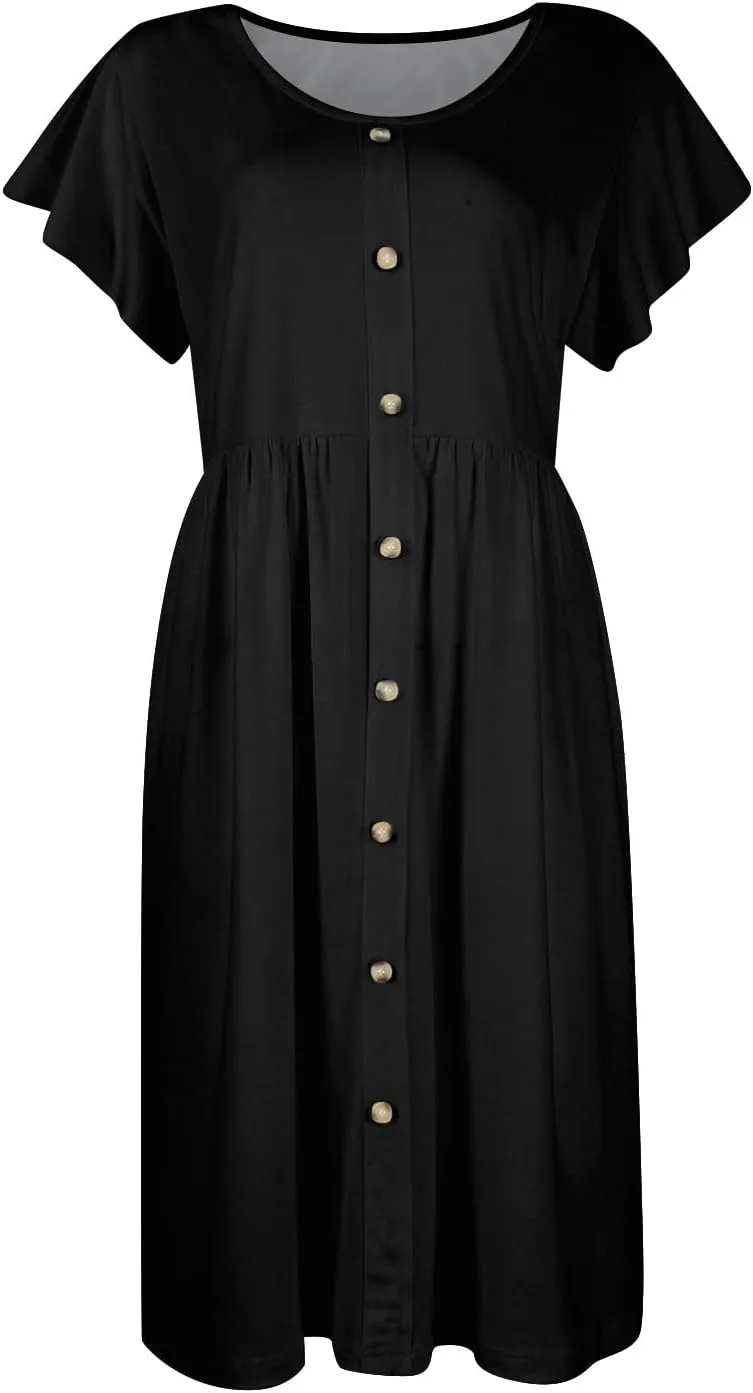 Summer Dresses for Women 2024 Round Neck Fly Sleeve Casual Loose Swing Button Beach Midi Dresseswith Pocket