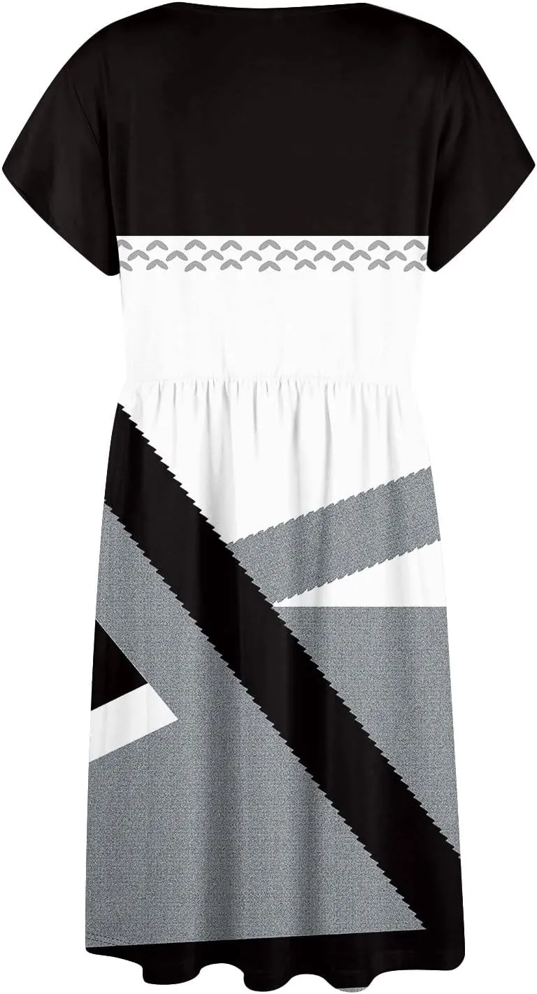 Summer Dresses for Women 2024 Round Neck Summer Fly Sleeve Casual Printed Loose Button Pocket Midi Dresses