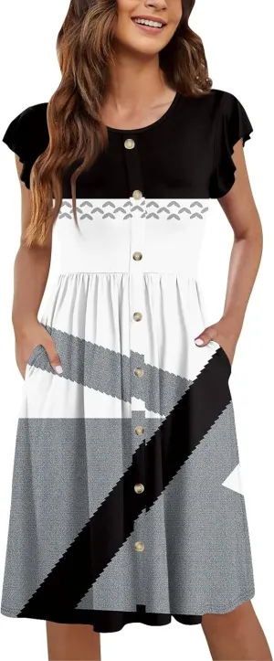 Summer Dresses for Women 2024 Round Neck Summer Fly Sleeve Casual Printed Loose Button Pocket Midi Dresses