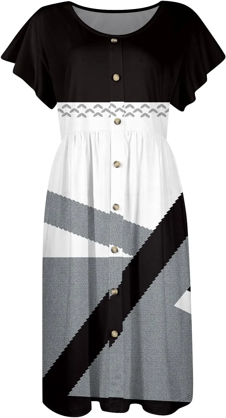 Summer Dresses for Women 2024 Round Neck Summer Fly Sleeve Casual Printed Loose Button Pocket Midi Dresses