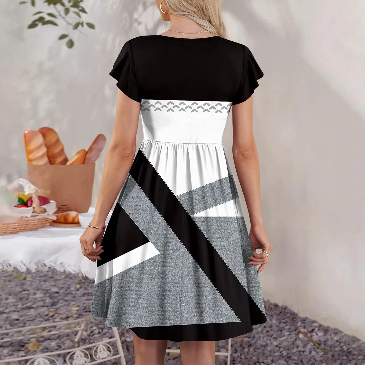 Summer Dresses for Women 2024 Round Neck Summer Fly Sleeve Casual Printed Loose Button Pocket Midi Dresses