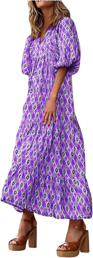 Summer Dresses for Women 2024 Vacation Printted Plus Size Puff Sleeve Dresses Loose fit v Neck Ankle Length Dresses