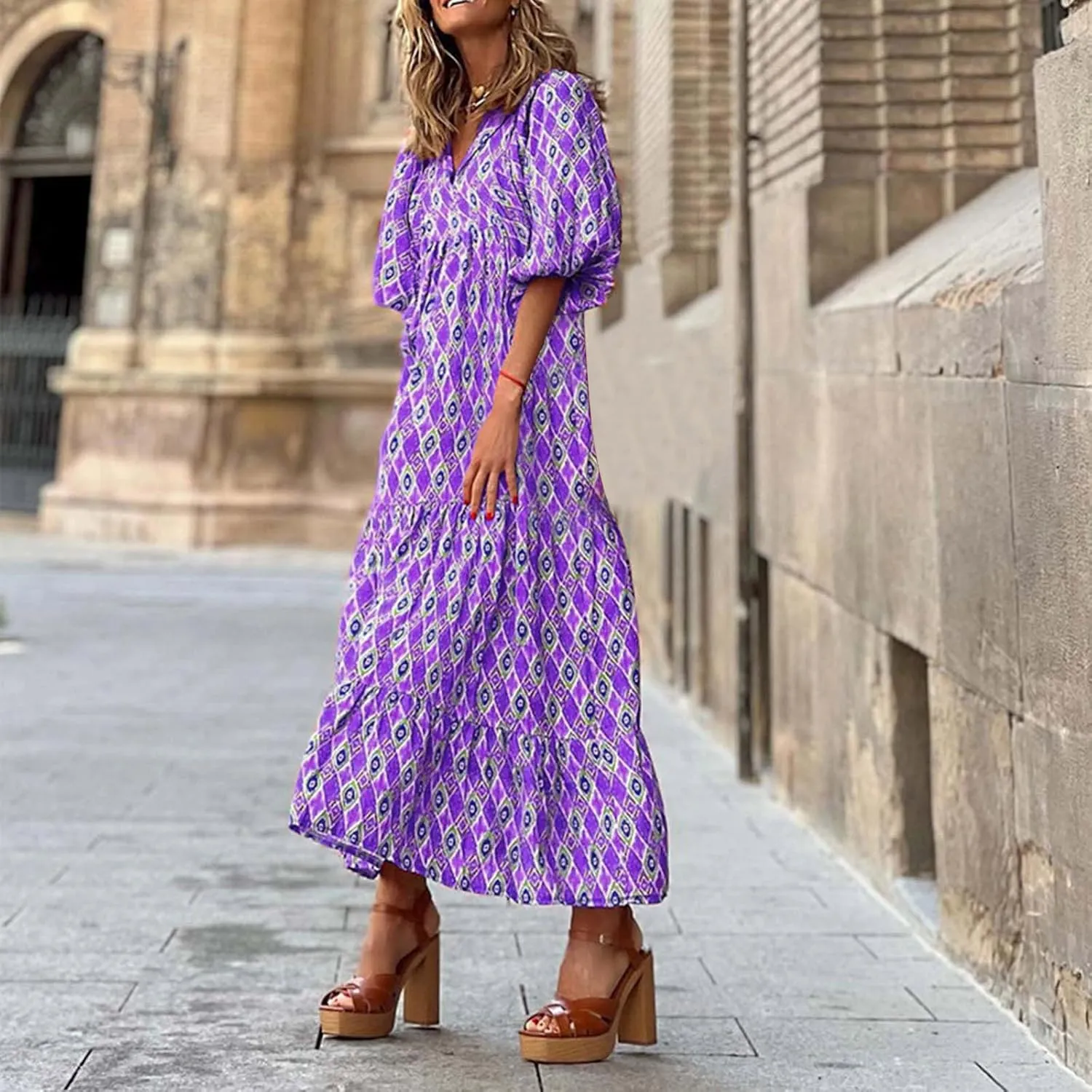 Summer Dresses for Women 2024 Vacation Printted Plus Size Puff Sleeve Dresses Loose fit v Neck Ankle Length Dresses