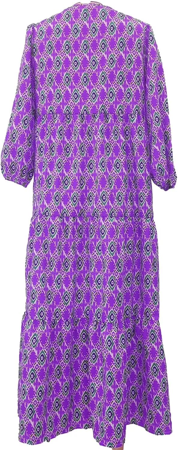 Summer Dresses for Women 2024 Vacation Printted Plus Size Puff Sleeve Dresses Loose fit v Neck Ankle Length Dresses