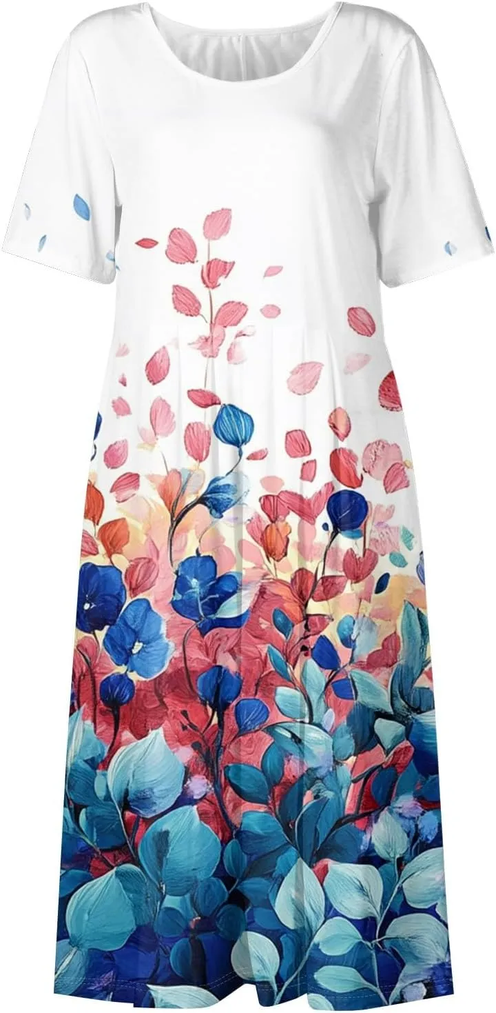 Summer Dresses for Women 2025 Beach Boho Hawaiian Casual Crewneck Short Sleeve Midi Formal Bodycon Vacation Sun Dress