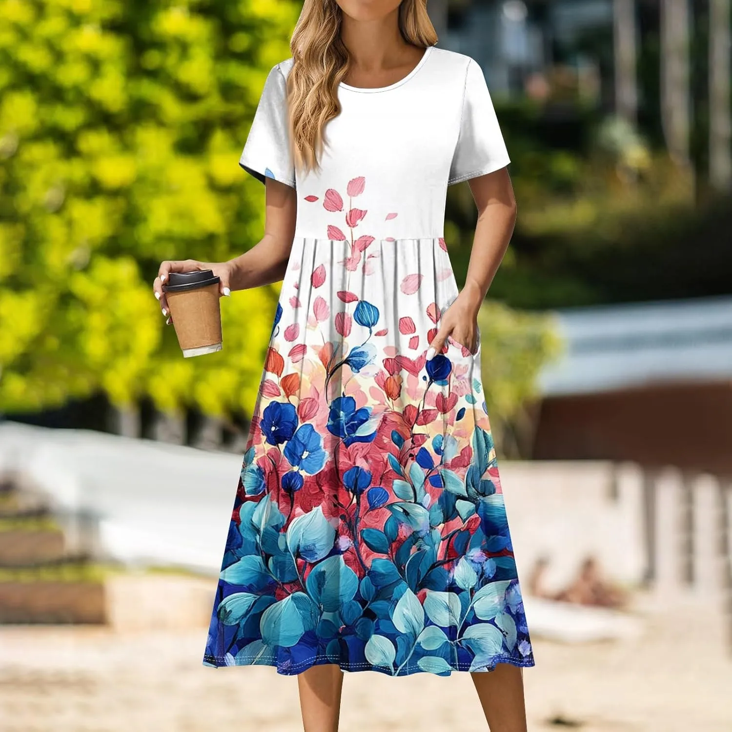 Summer Dresses for Women 2025 Beach Boho Hawaiian Casual Crewneck Short Sleeve Midi Formal Bodycon Vacation Sun Dress