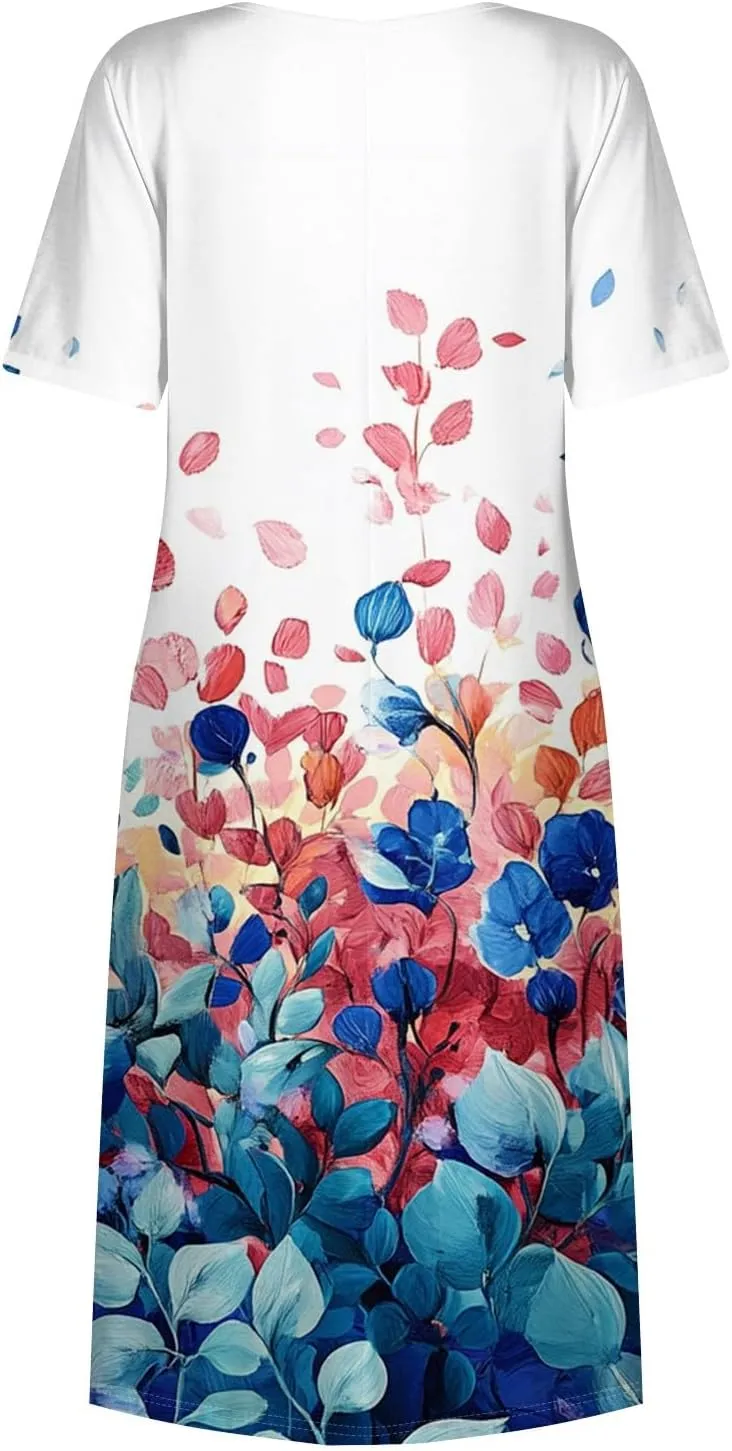 Summer Dresses for Women 2025 Beach Boho Hawaiian Casual Crewneck Short Sleeve Midi Formal Bodycon Vacation Sun Dress