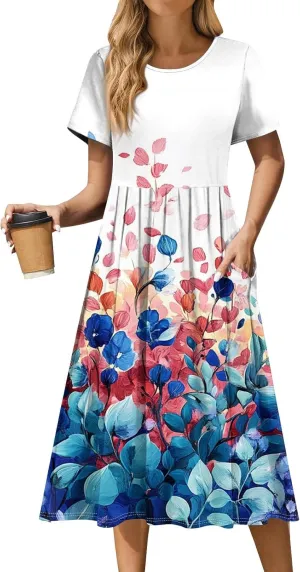 Summer Dresses for Women 2025 Beach Boho Hawaiian Casual Crewneck Short Sleeve Midi Formal Bodycon Vacation Sun Dress