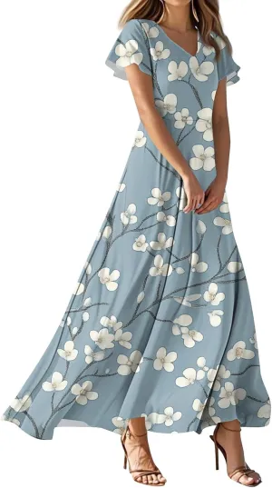 Summer Dresses for Women 2025 Casual Floral V-Neck Ruffle Short Sleeve Casual Wedding Guest Aline Swing Long Dress,XS-2XL