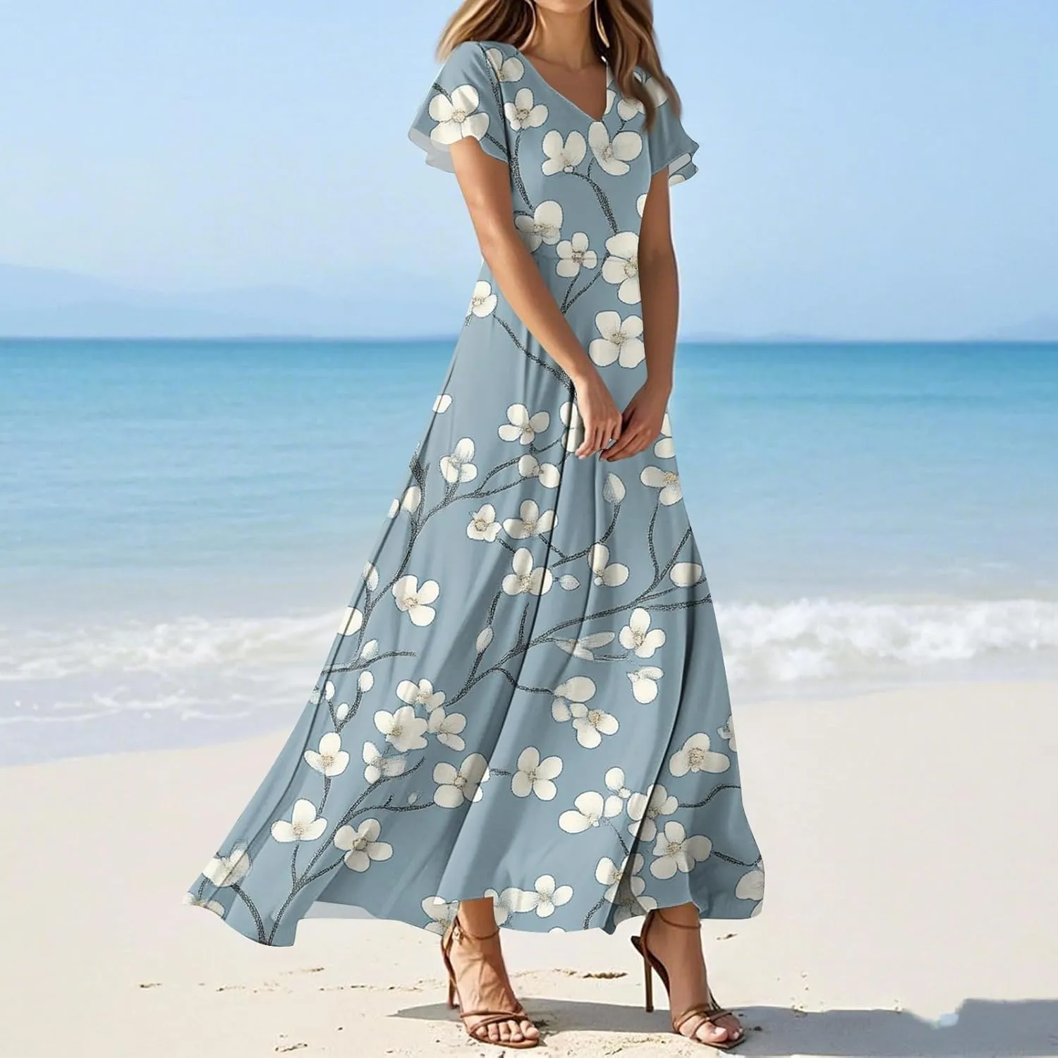 Summer Dresses for Women 2025 Casual Floral V-Neck Ruffle Short Sleeve Casual Wedding Guest Aline Swing Long Dress,XS-2XL