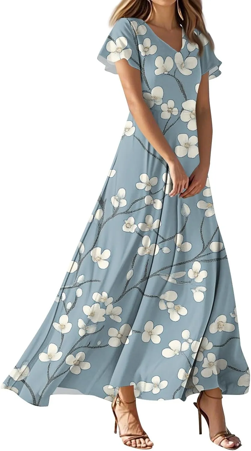 Summer Dresses for Women 2025 Casual Floral V-Neck Ruffle Short Sleeve Casual Wedding Guest Aline Swing Long Dress,XS-2XL