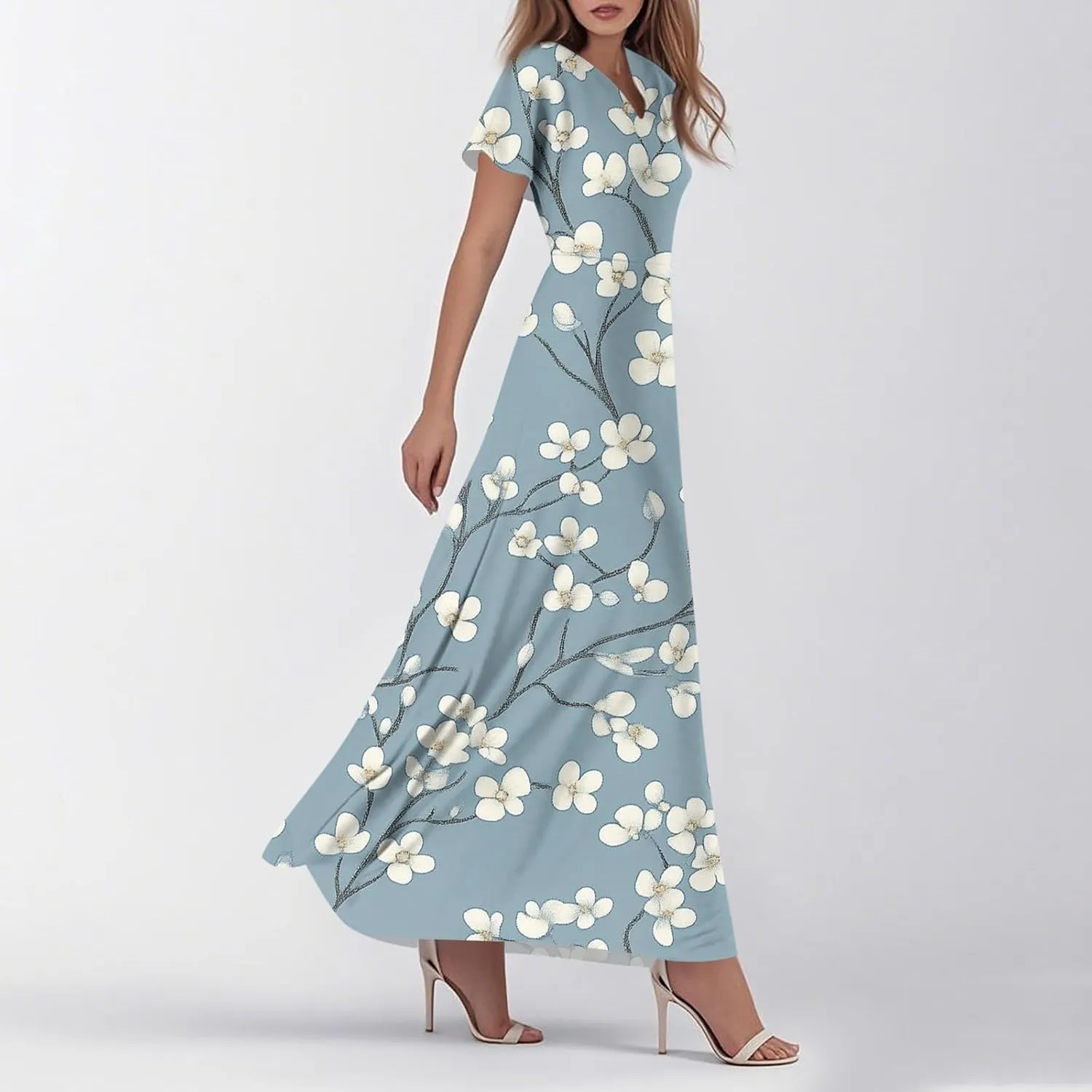 Summer Dresses for Women 2025 Casual Floral V-Neck Ruffle Short Sleeve Casual Wedding Guest Aline Swing Long Dress,XS-2XL