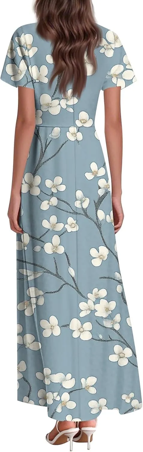 Summer Dresses for Women 2025 Casual Floral V-Neck Ruffle Short Sleeve Casual Wedding Guest Aline Swing Long Dress,XS-2XL