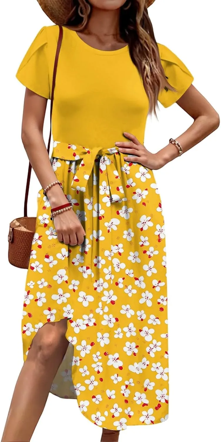Summer Dresses for Women 2025 Casual Loose Trendy Short Sleeve Crewneck Floral Print Boho Midi Dress, S-2XL