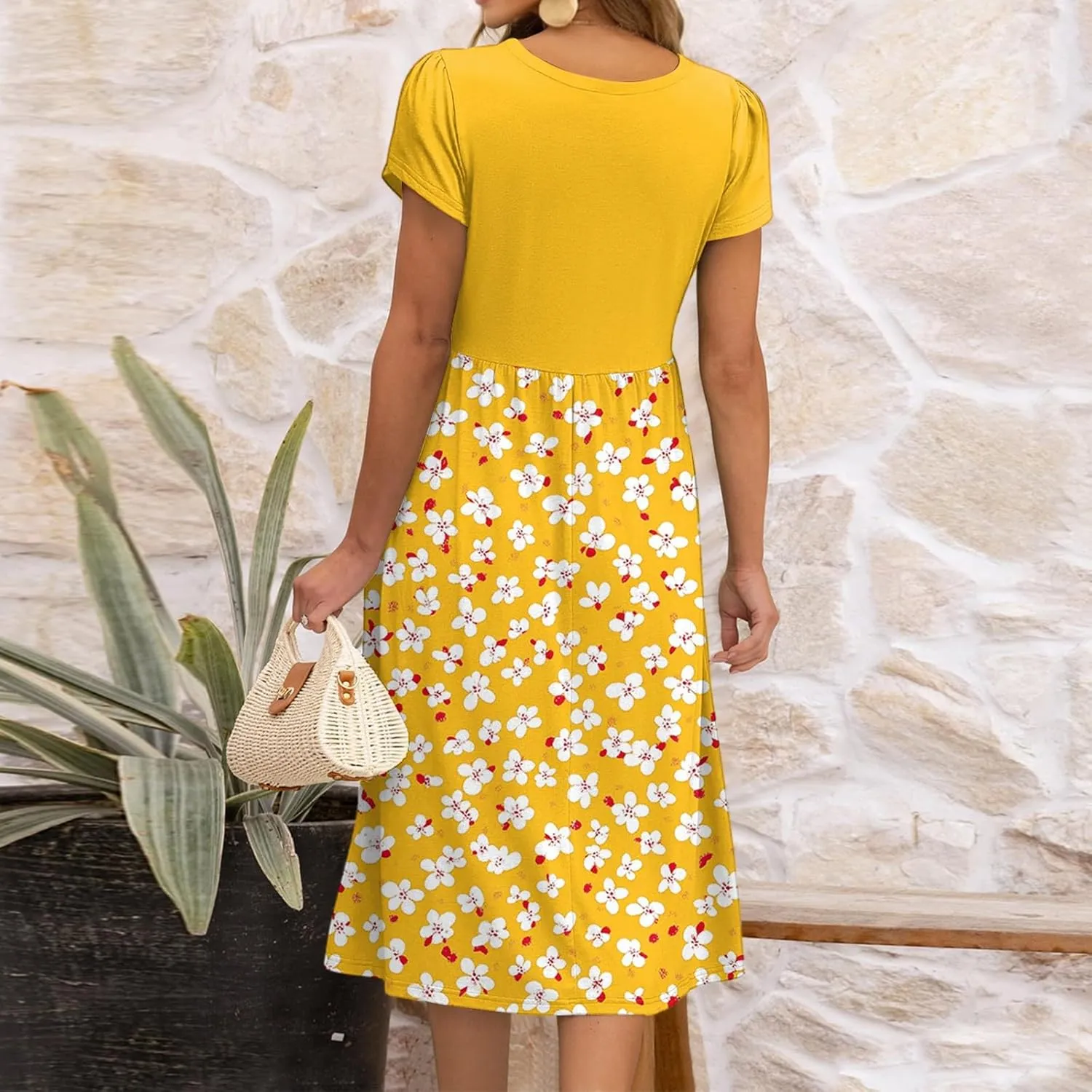 Summer Dresses for Women 2025 Casual Loose Trendy Short Sleeve Crewneck Floral Print Boho Midi Dress, S-2XL
