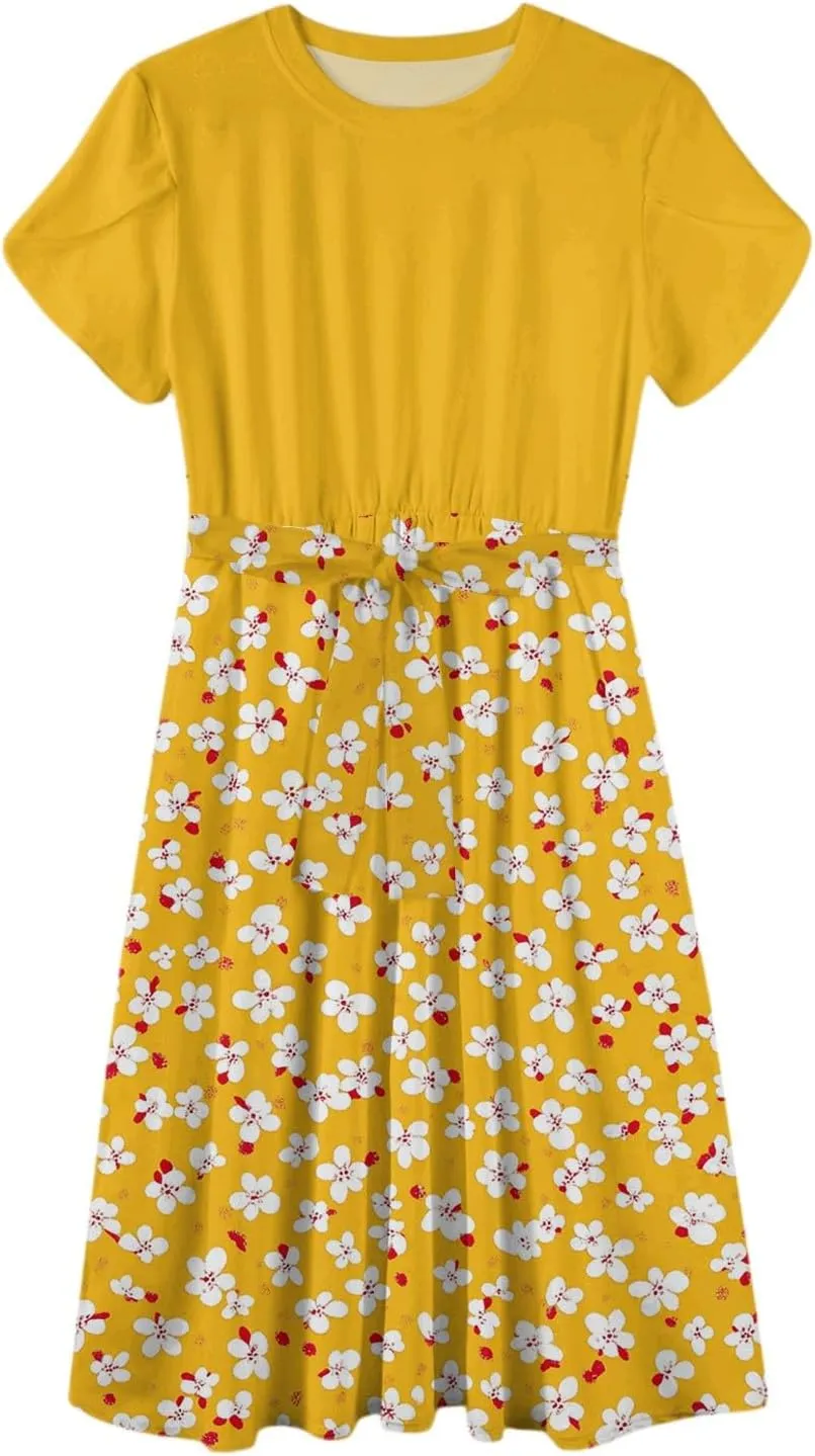Summer Dresses for Women 2025 Casual Loose Trendy Short Sleeve Crewneck Floral Print Boho Midi Dress, S-2XL