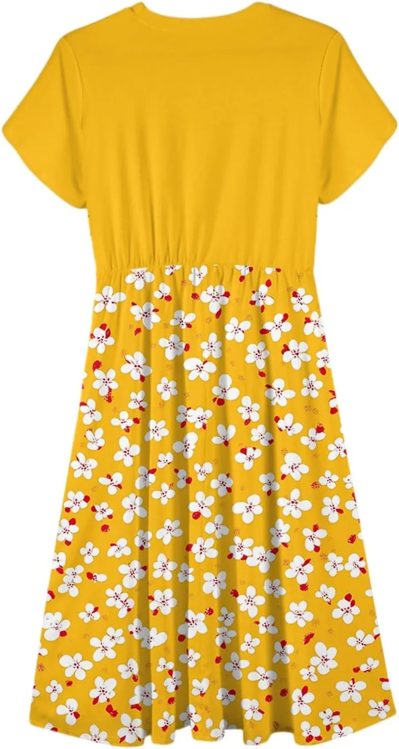 Summer Dresses for Women 2025 Casual Loose Trendy Short Sleeve Crewneck Floral Print Boho Midi Dress, S-2XL