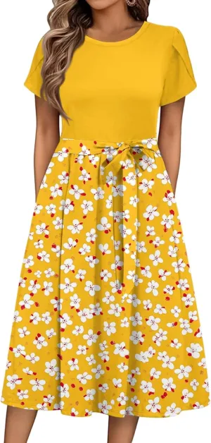 Summer Dresses for Women 2025 Casual Loose Trendy Short Sleeve Crewneck Floral Print Boho Midi Dress, S-2XL