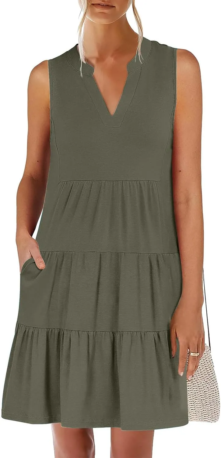 Summer Dresses for Women 2025 Casual Sleeveless Beach Dress Fashion Pleated Loose V-Neck Solid Color Sundress