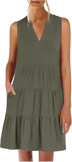 Summer Dresses for Women 2025 Casual Sleeveless Beach Dress Fashion Pleated Loose V-Neck Solid Color Sundress