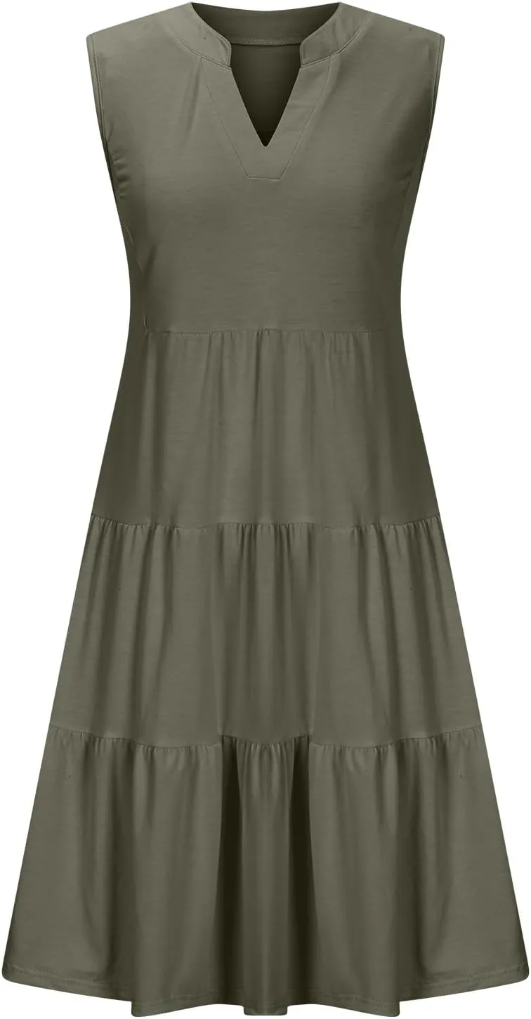 Summer Dresses for Women 2025 Casual Sleeveless Beach Dress Fashion Pleated Loose V-Neck Solid Color Sundress