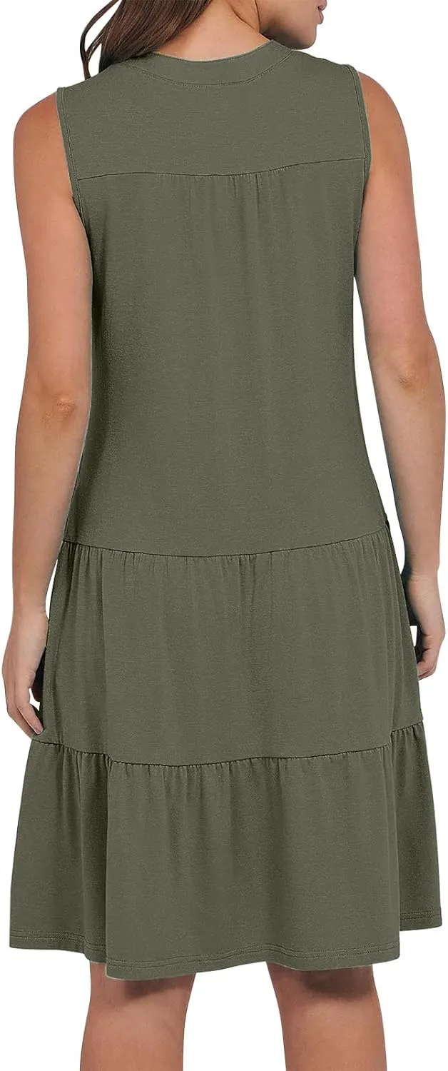 Summer Dresses for Women 2025 Casual Sleeveless Beach Dress Fashion Pleated Loose V-Neck Solid Color Sundress