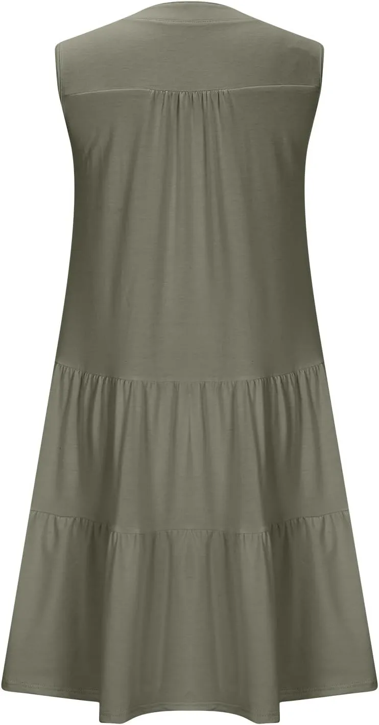 Summer Dresses for Women 2025 Casual Sleeveless Beach Dress Fashion Pleated Loose V-Neck Solid Color Sundress