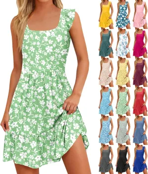 Summer Dresses for Women 2025 Casual Sleeveless Ruffle Flowy Midi Dress Square Neck Tiered Boho Beach Tunic Sundress