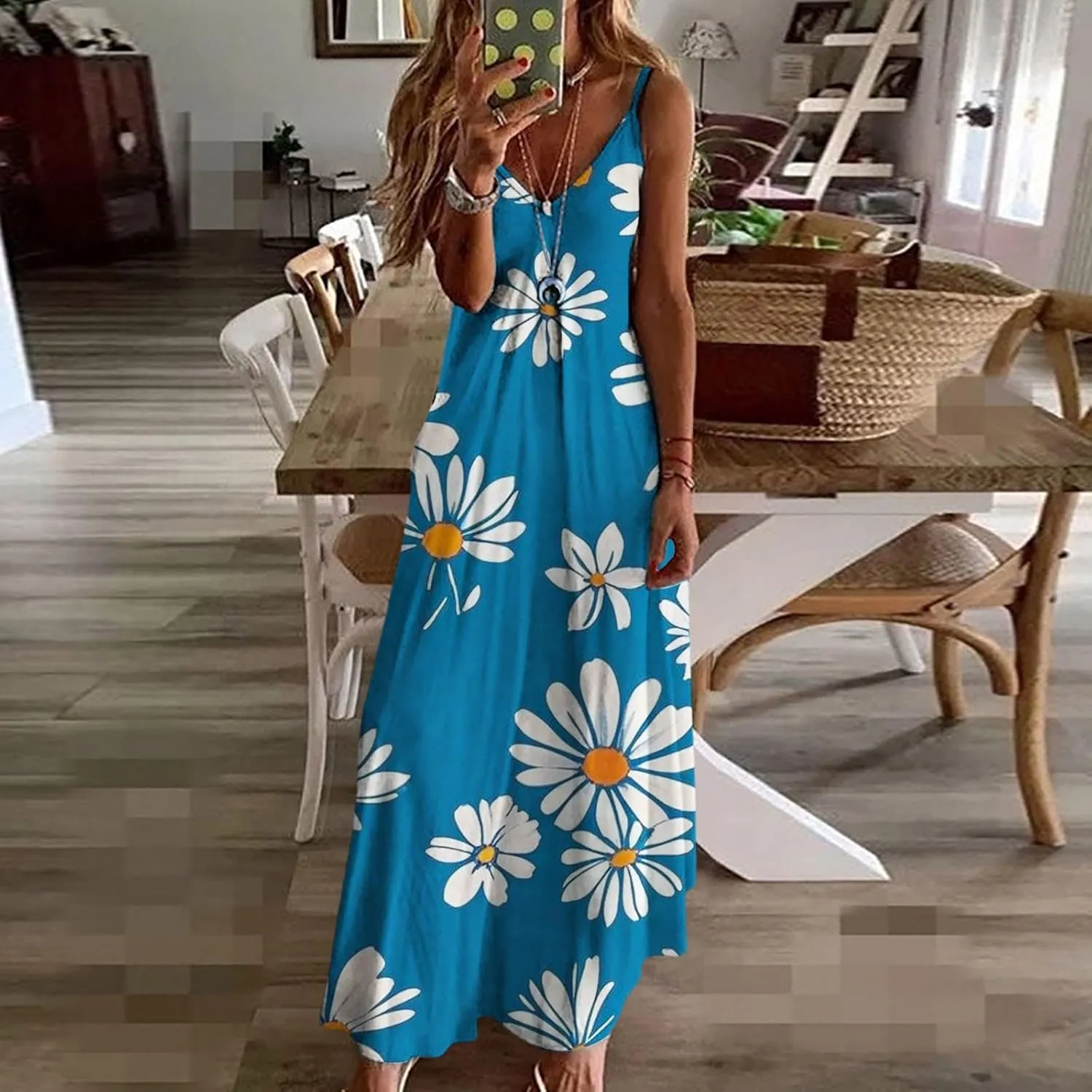 Summer Dresses for Women 2025 Casual V Neck Floral Graphic Sundress Spaghetti Strap Vacation Beach Flowy Maxi Dress