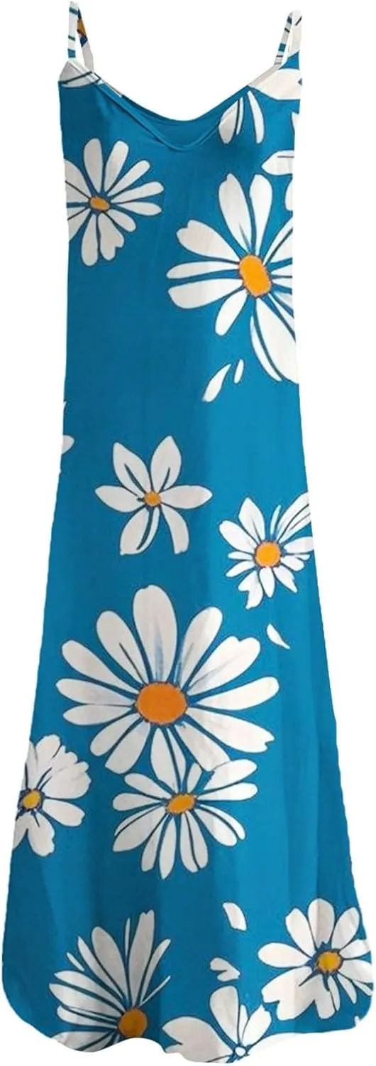 Summer Dresses for Women 2025 Casual V Neck Floral Graphic Sundress Spaghetti Strap Vacation Beach Flowy Maxi Dress