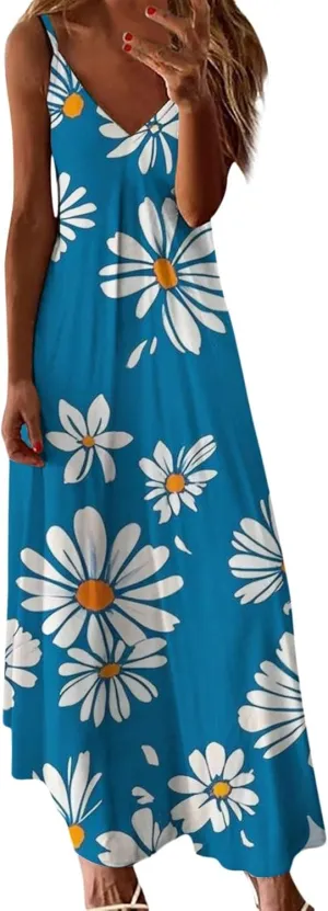 Summer Dresses for Women 2025 Casual V Neck Floral Graphic Sundress Spaghetti Strap Vacation Beach Flowy Maxi Dress