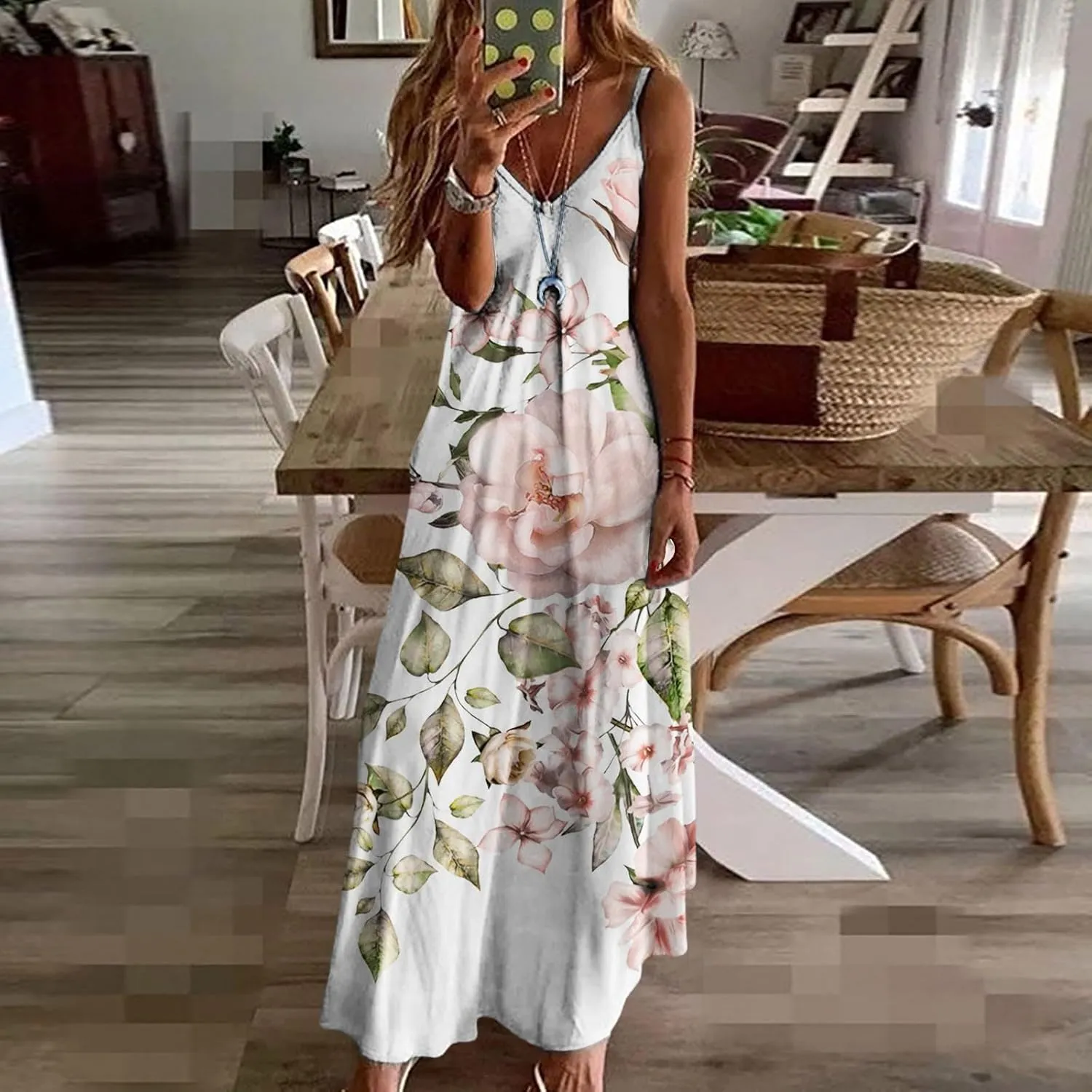 Summer Dresses for Women 2025 Casual V Neck Floral Graphic Sundress Spaghetti Strap Vacation Beach Flowy Maxi Dress