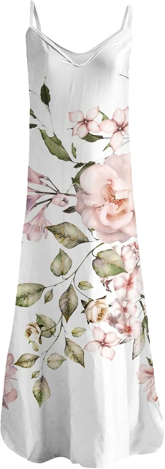 Summer Dresses for Women 2025 Casual V Neck Floral Graphic Sundress Spaghetti Strap Vacation Beach Flowy Maxi Dress
