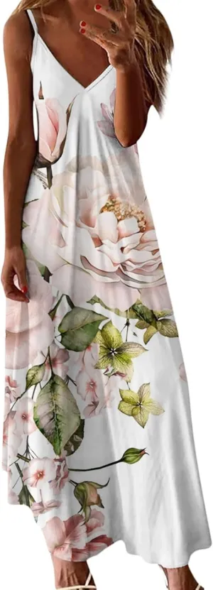 Summer Dresses for Women 2025 Casual V Neck Floral Graphic Sundress Spaghetti Strap Vacation Beach Flowy Maxi Dress