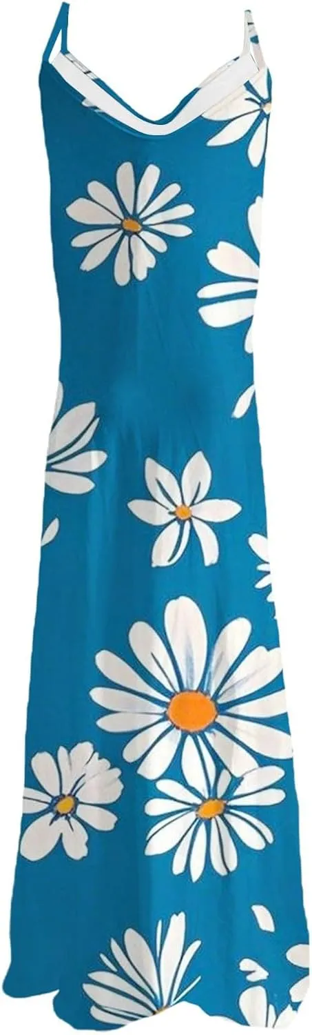 Summer Dresses for Women 2025 Casual V Neck Floral Graphic Sundress Spaghetti Strap Vacation Beach Flowy Maxi Dress