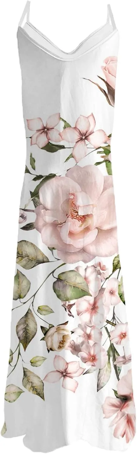 Summer Dresses for Women 2025 Casual V Neck Floral Graphic Sundress Spaghetti Strap Vacation Beach Flowy Maxi Dress