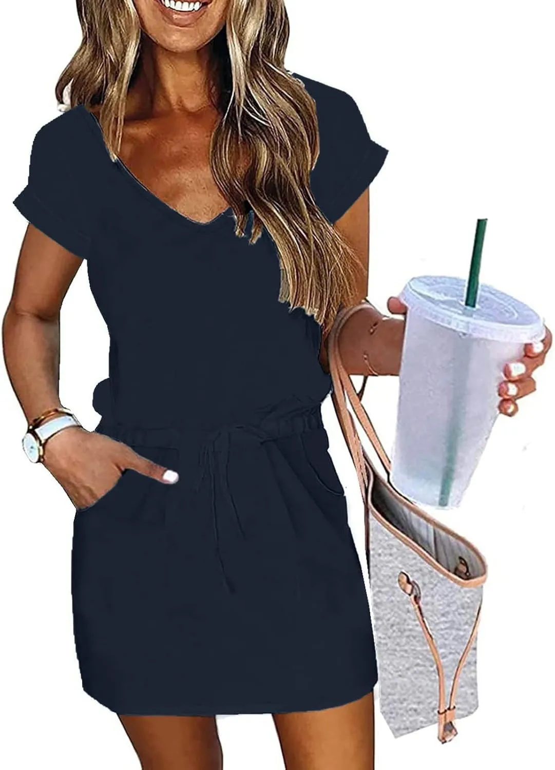Summer Dresses for Women 2025 Casual V-Neck Short Sleeve Sundress Ladies Fashion Work Mini Dresses with Pockets