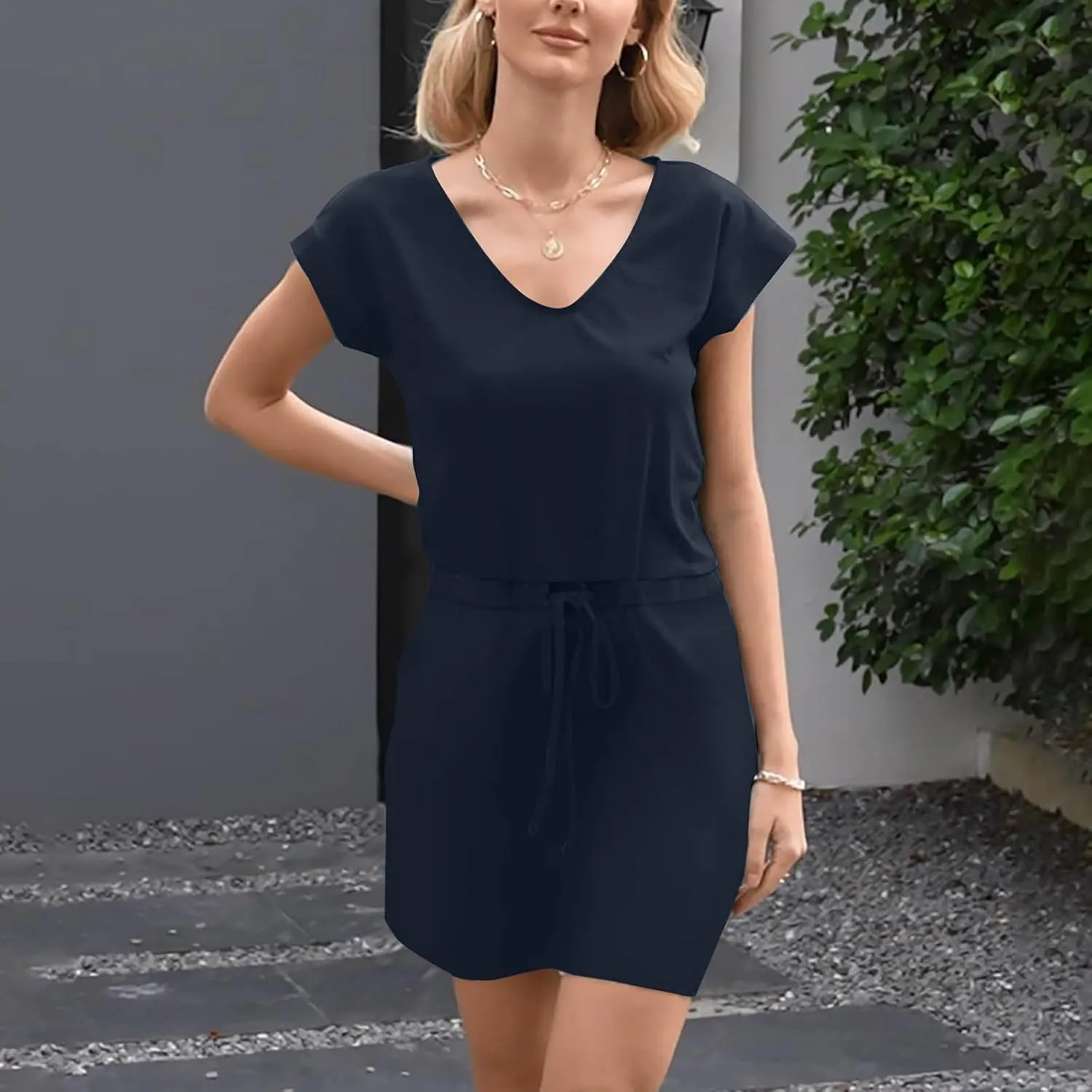 Summer Dresses for Women 2025 Casual V-Neck Short Sleeve Sundress Ladies Fashion Work Mini Dresses with Pockets