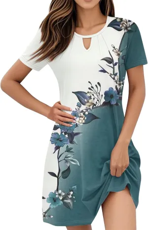 Summer Dresses for Women 2025 Crew Neck Short Sleeve Mini Dress for Women Sexy Flowy Skirt Trendy Clothes Sundress