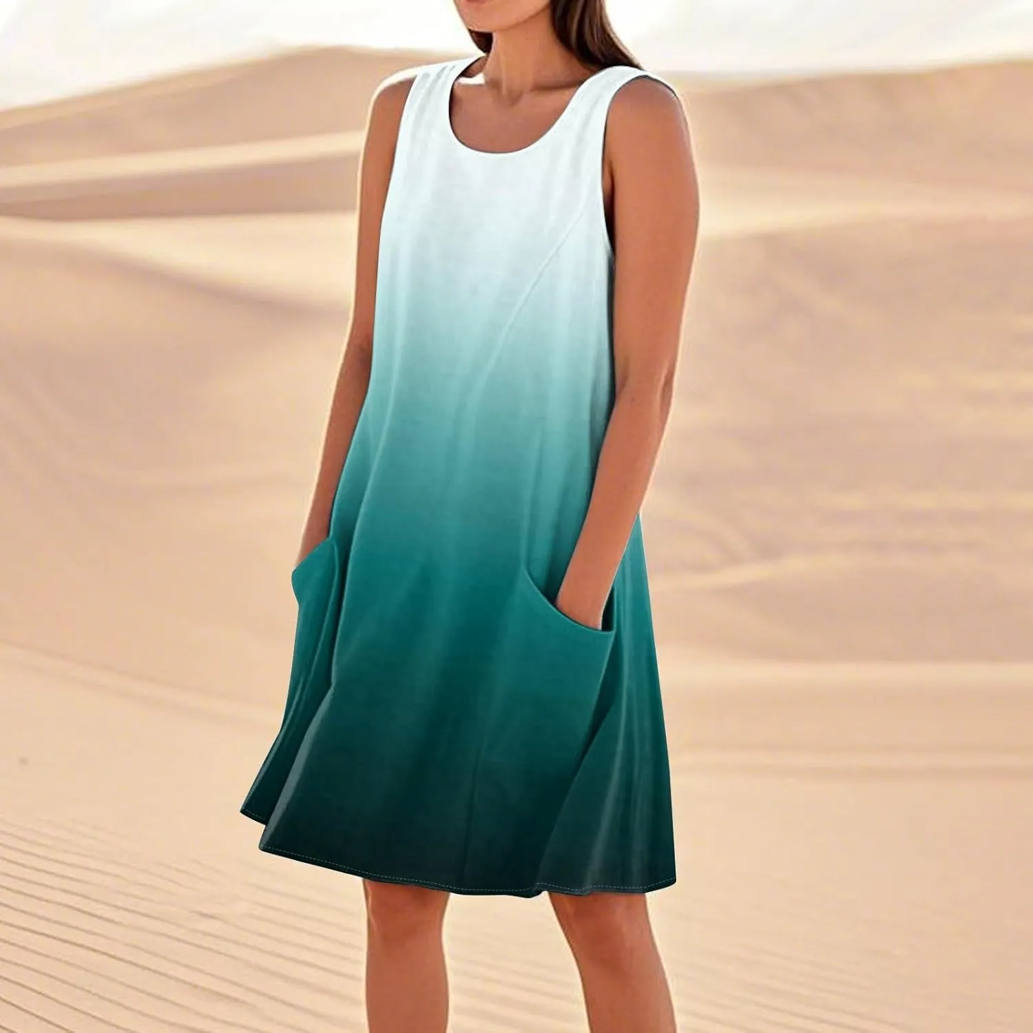 Summer Dresses for Women 2025 Crewneck Sleeveless Cotton Linen Tank Dress Beach Vacation Sundresses with Pockets