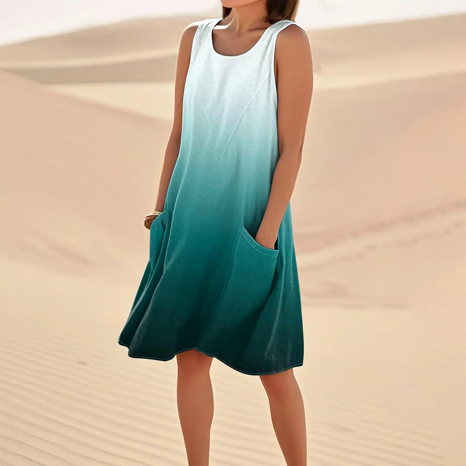 Summer Dresses for Women 2025 Crewneck Sleeveless Cotton Linen Tank Dress Beach Vacation Sundresses with Pockets