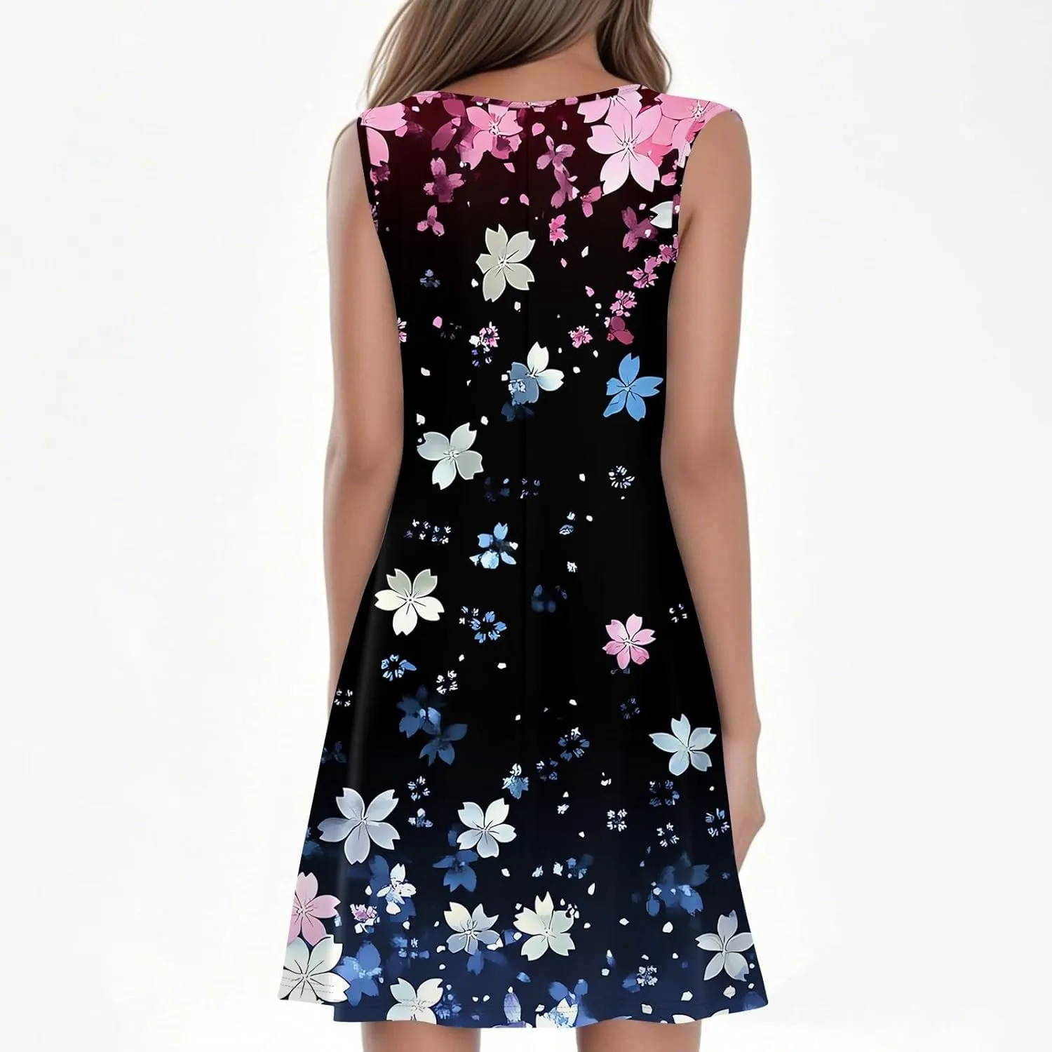 Summer Dresses for Women 2025 Floral Loose Pleated Front Tank Dress O Neck Casual T Shirt Dresses Sleeveless Sundresses