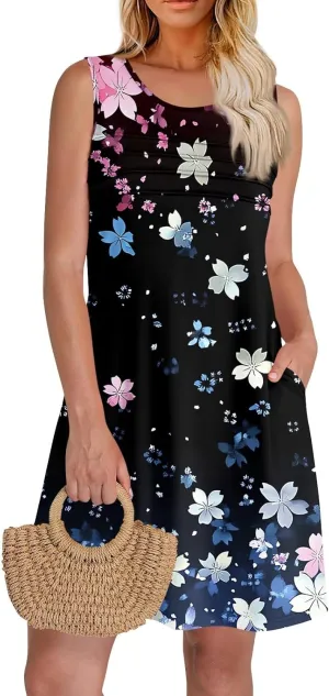 Summer Dresses for Women 2025 Floral Loose Pleated Front Tank Dress O Neck Casual T Shirt Dresses Sleeveless Sundresses