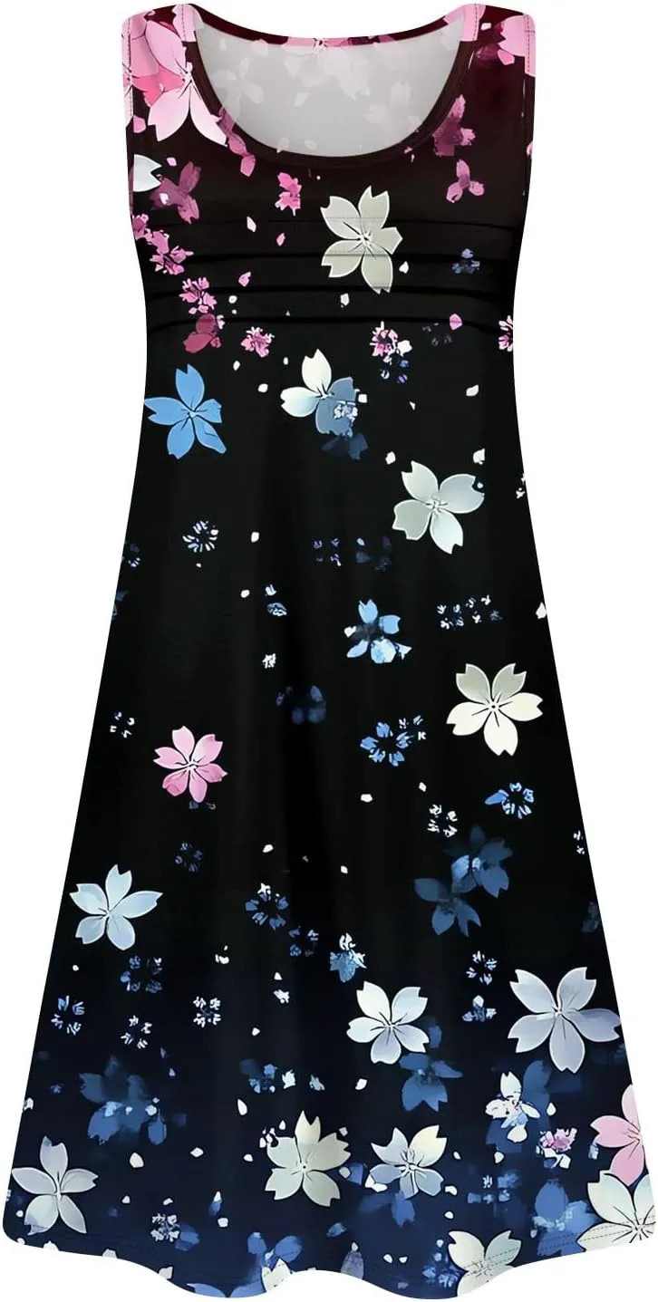 Summer Dresses for Women 2025 Floral Loose Pleated Front Tank Dress O Neck Casual T Shirt Dresses Sleeveless Sundresses
