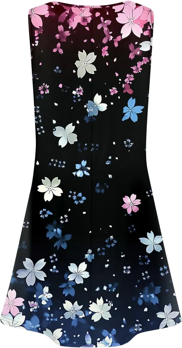 Summer Dresses for Women 2025 Floral Loose Pleated Front Tank Dress O Neck Casual T Shirt Dresses Sleeveless Sundresses