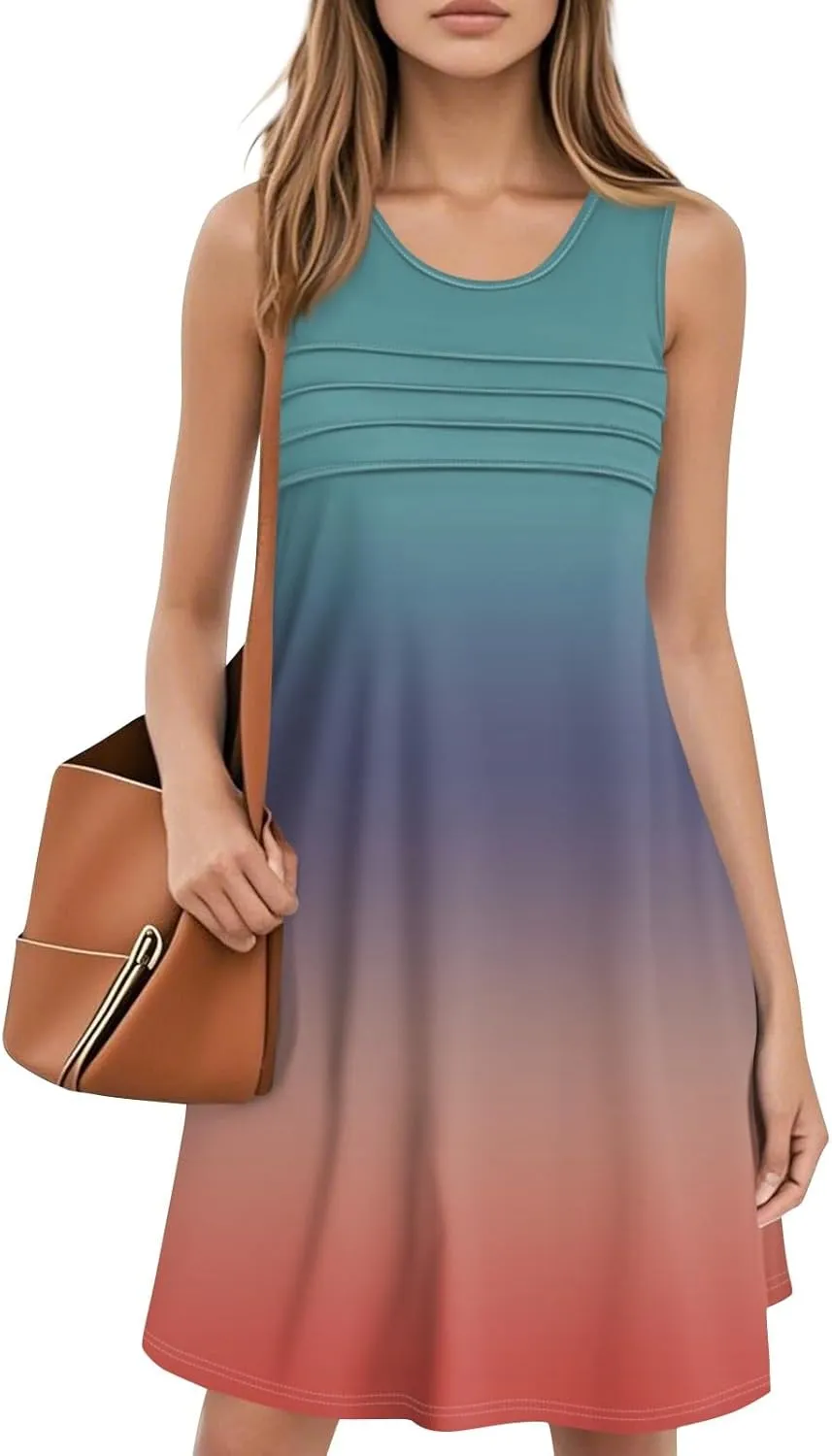 Summer Dresses for Women 2025 Floral Loose T Shirt Dresses V Neck Casual Pleated Front Tank Dress Sleeveless Sundresses